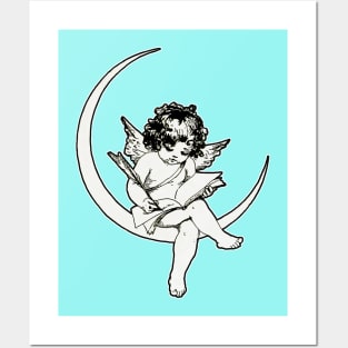 Little angel on the moon reading a book Posters and Art